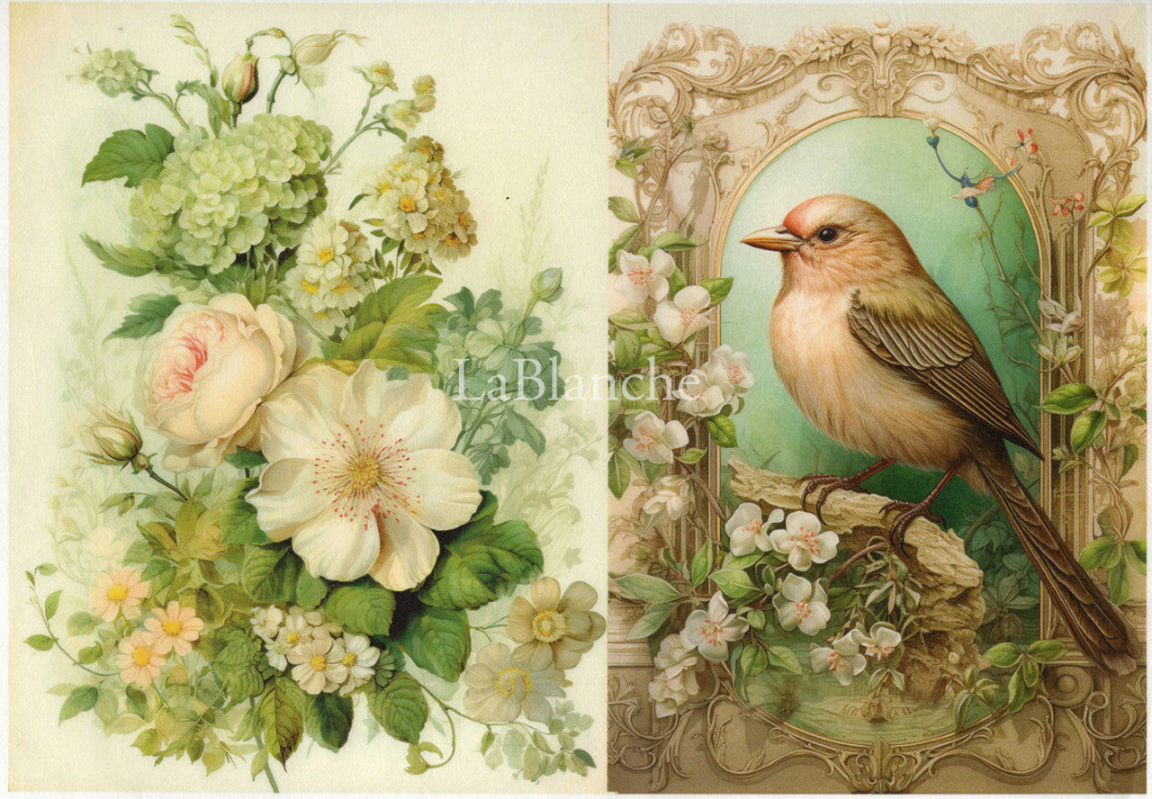 LaBlanche Easter 6 Green Bird and Flowers 2 Pack A4 Rice Paper