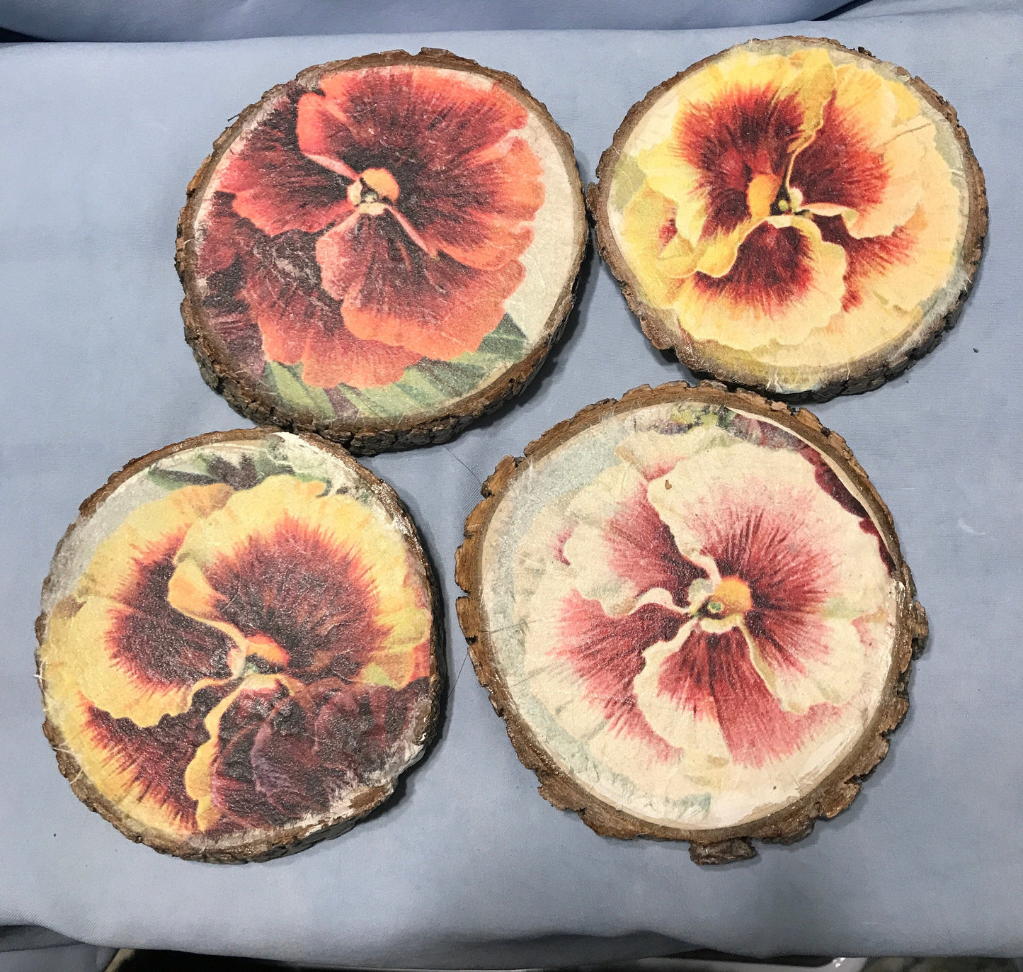 Rustic 4 Pansy Decoupage Wood Coasters, Water Resistant