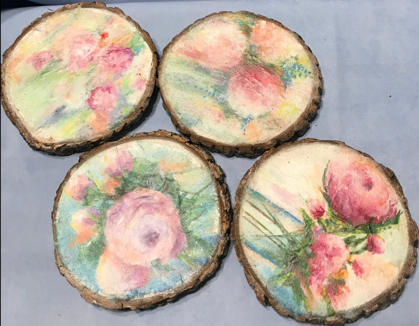 Rustic 4 Pink Penione by Ellen J Goods, Decoupage Wood Coasters, Water Resistant