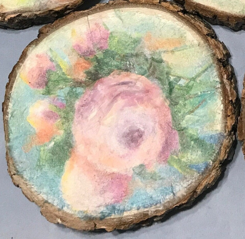 Rustic 4 Pink Penione by Ellen J Goods, Decoupage Wood Coasters, Water Resistant