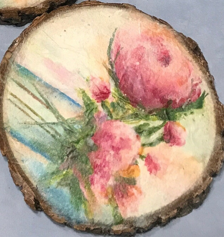 Rustic 4 Pink Penione by Ellen J Goods, Decoupage Wood Coasters, Water Resistant